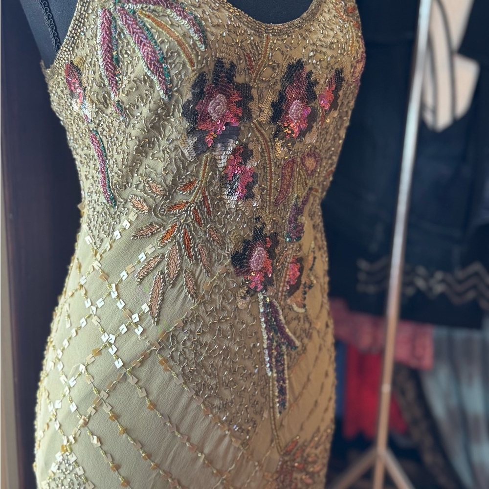 Olive Green Beaded Floral Maxi Dress - Picture 4 of 6